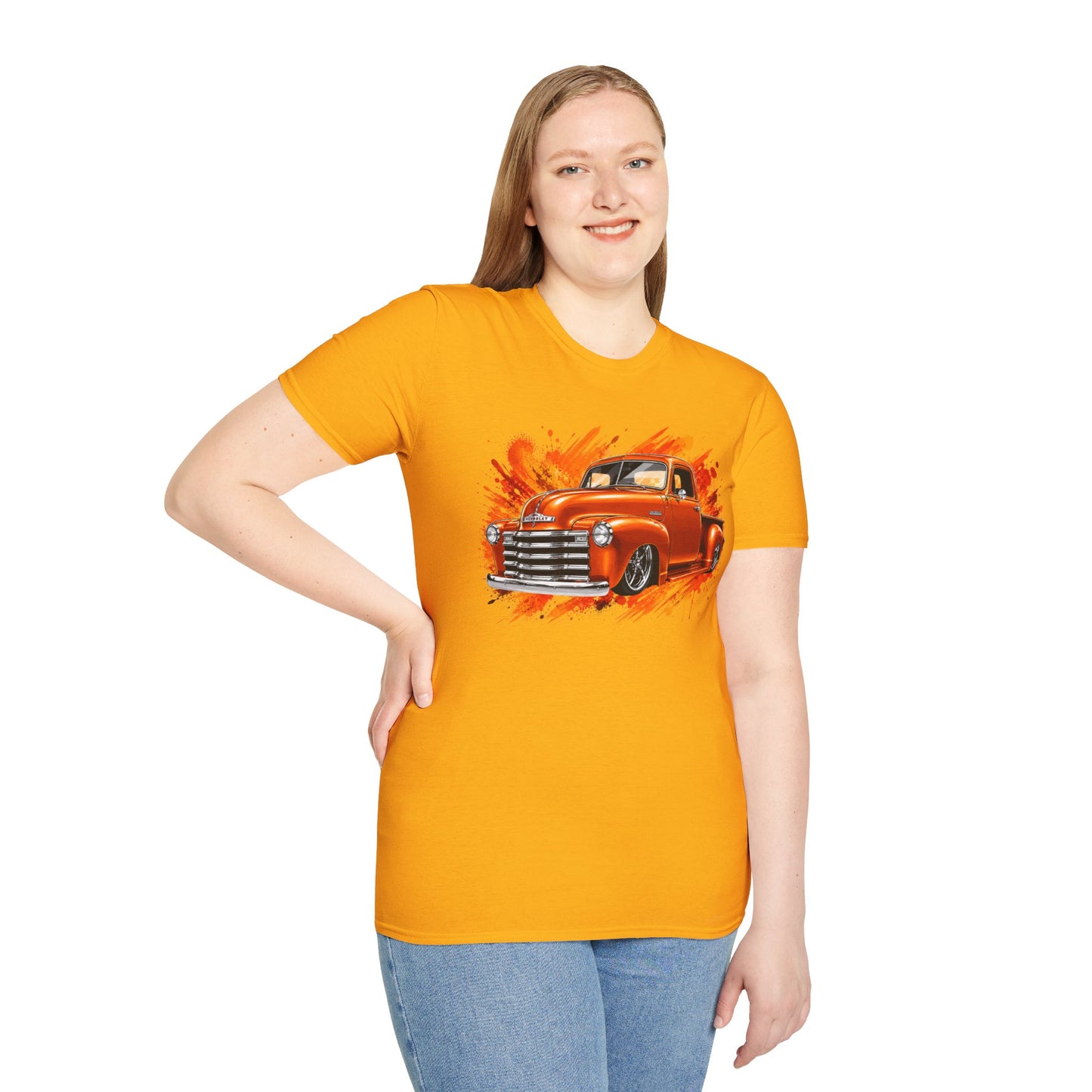 Orange Classic Truck T-Shirt, Vintage Pickup Graphic Tee, Custom Truck Shirt for Car Lovers