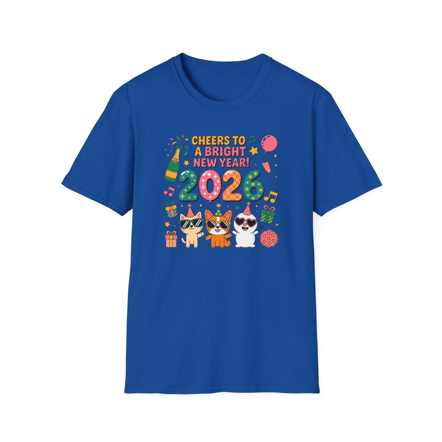 Happy New Year 2026 T-Shirt – Cute Cartoon Cats New Year Shirt, Bright Colorful NYE Party Tee, Fun 2026 Celebration Top for Cat Lovers