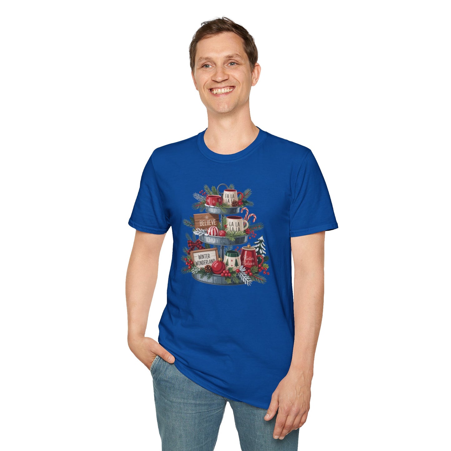 Christmas Mug Stack T-Shirt – Festive Holiday Tiered Tray Shirt with Fa La La Winter Wonderland Graphic Tee