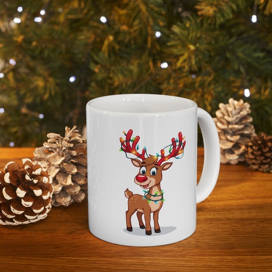 Reindeer Christmas Lights Mug – Cute Holiday Coffee Cup, Festive Reindeer Ceramic Mug, Christmas Gift Idea (11oz/15oz)