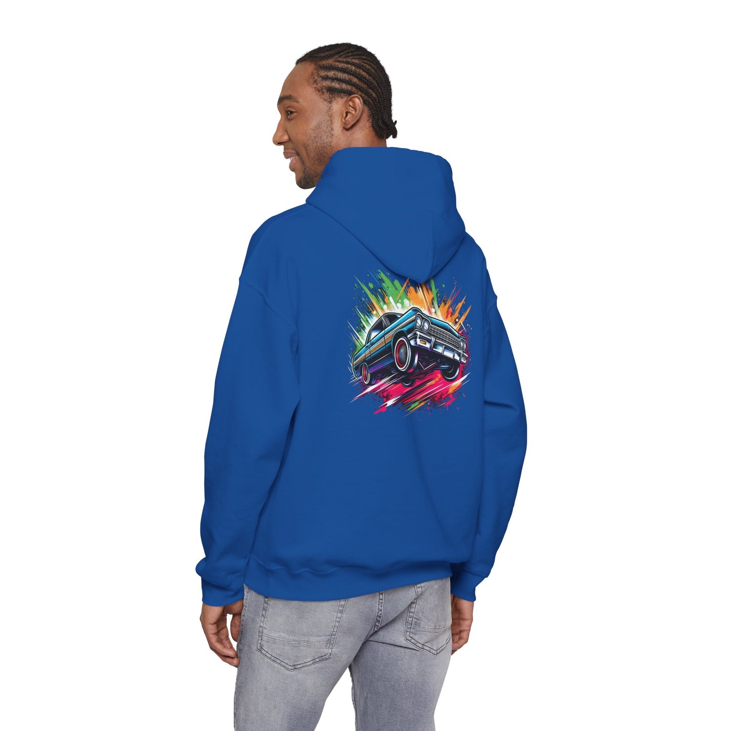 Chevy Impala Hydraulics Lowrider Colorful Drawing Graphic Hoodie - Old School Hip Hop Cholo Art Design - Chicano Car Club Graphic Hoodie