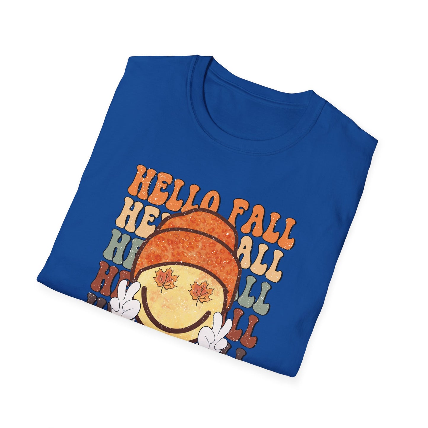 Hello Fall Happy Face Peace T-Shirt, Autumn Graphic Tee, Relaxing Casual Top, Seasonal Clothing, Thanksgiving Tee, Friendsgiving gift