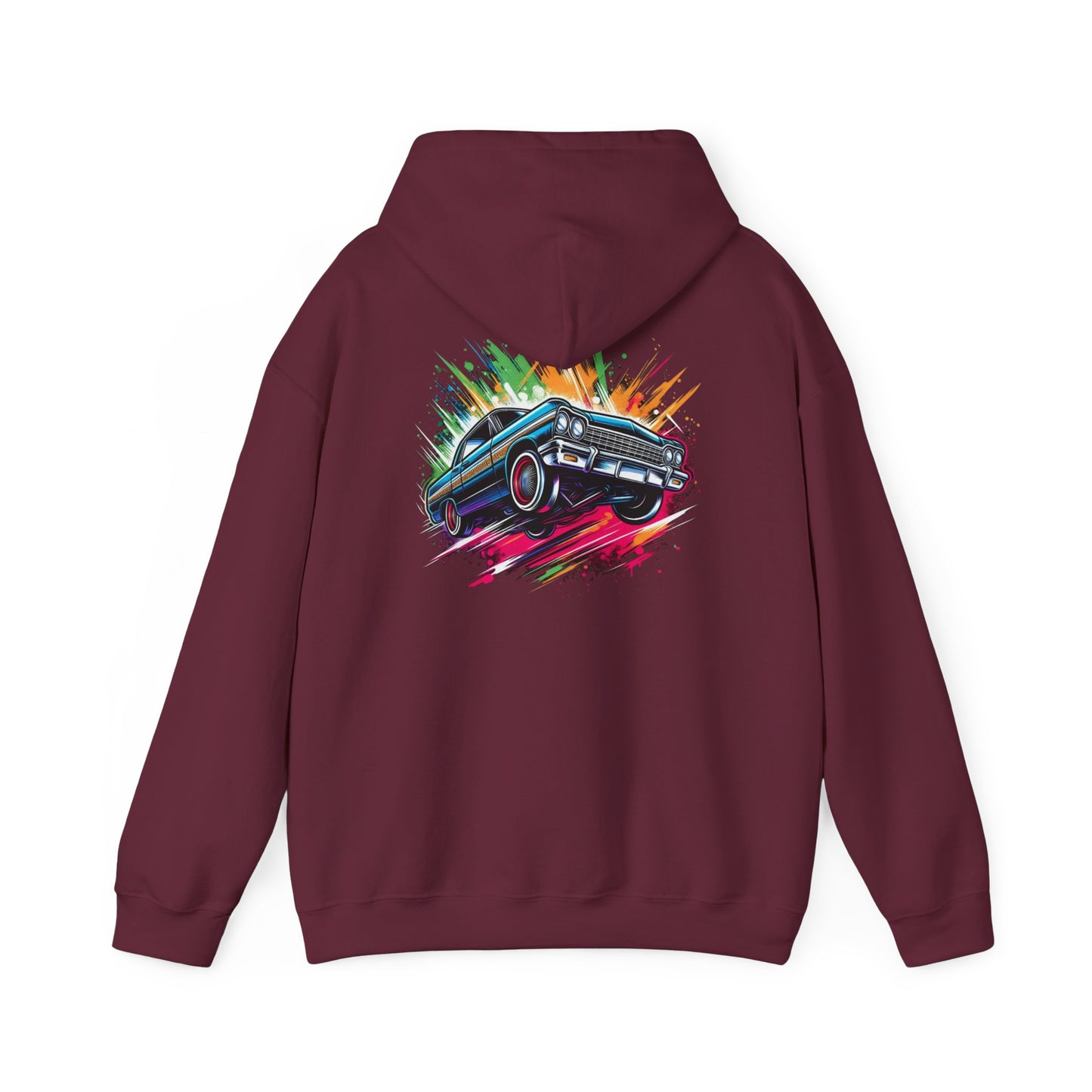 Chevy Impala Hydraulics Lowrider Colorful Drawing Graphic Hoodie - Old School Hip Hop Cholo Art Design - Chicano Car Club Graphic Hoodie