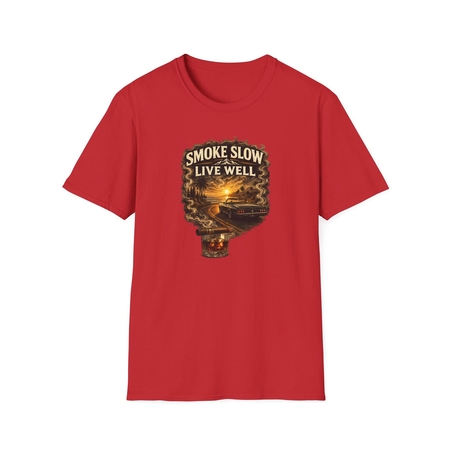 Smoke Slow Live Well Classic Car T-Shirt – Cigar, Whiskey & Sunset Cruise Tee  ⭐ Product Description