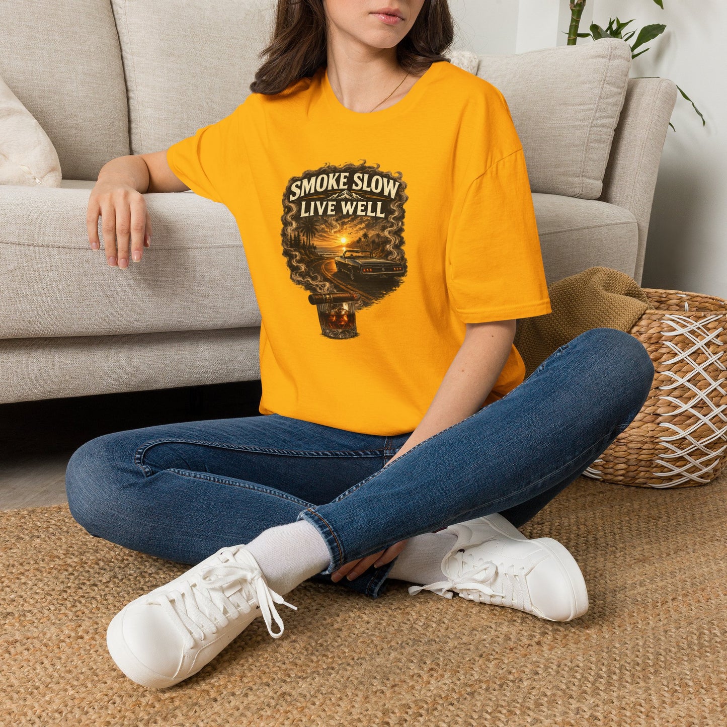 Smoke Slow Live Well Classic Car T-Shirt – Cigar, Whiskey & Sunset Cruise Tee  ⭐ Product Description
