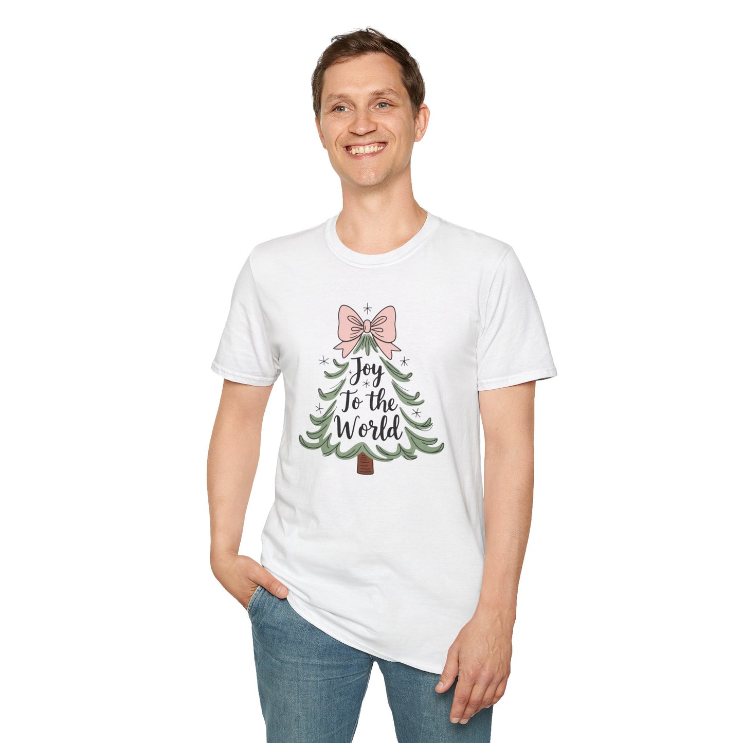 Joy to the World Christmas T-Shirt – Cute Pastel Bow Christmas Tree Tee, Festive Holiday Graphic Shirt for Women