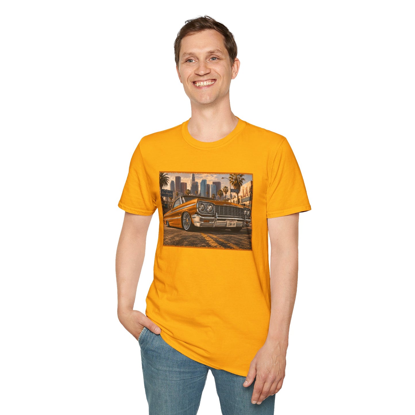 Los Angeles Lowrider T-Shirt, Orange Classic Car Graphic Tee, 1964 Style Car Shirt for Car Lovers