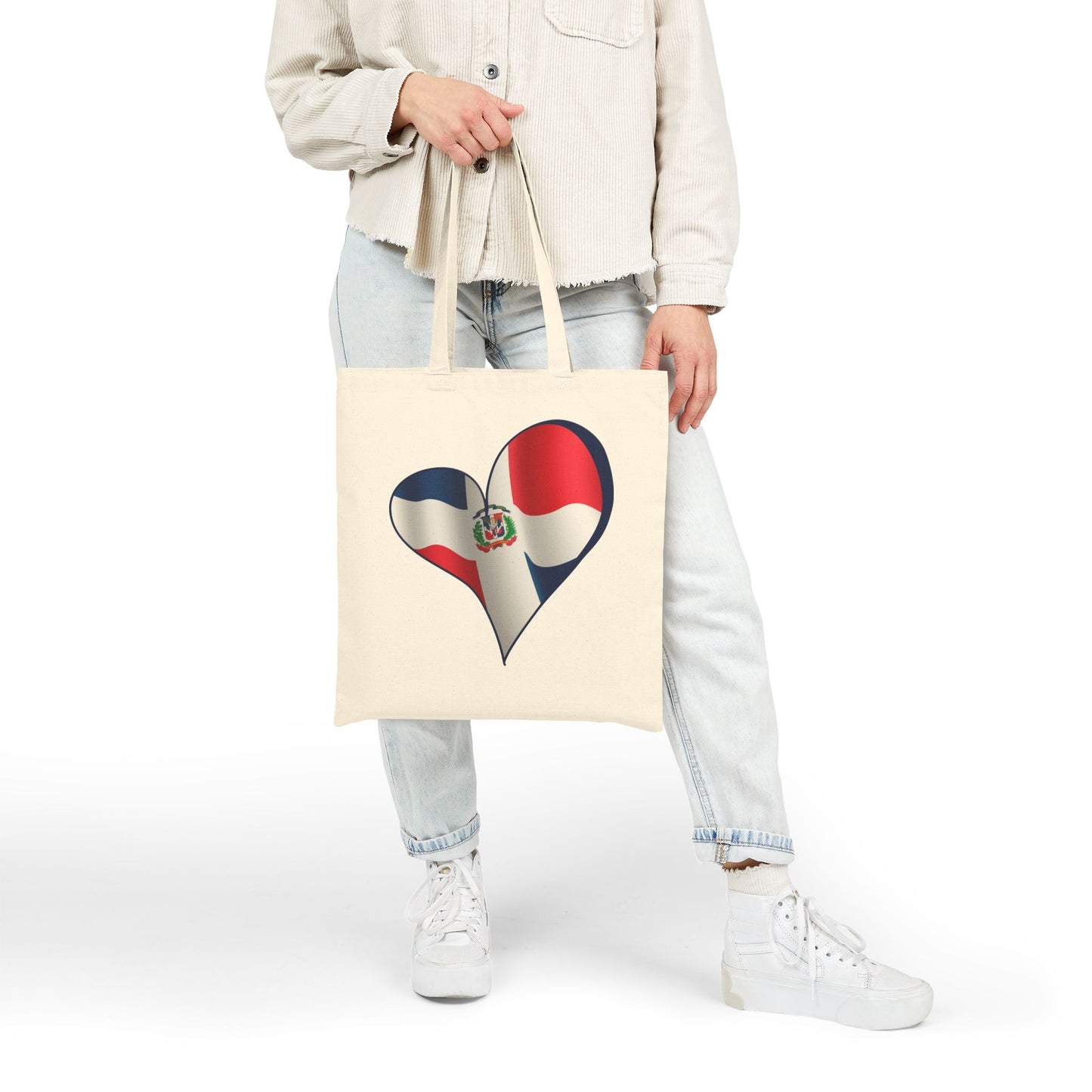 Dominican Republic Flag Heart Tote Bag, Cotton Canvas Grocery Shopping Beach Handbag, Dominican Pride Gift, Patriotic Shoulder Bag