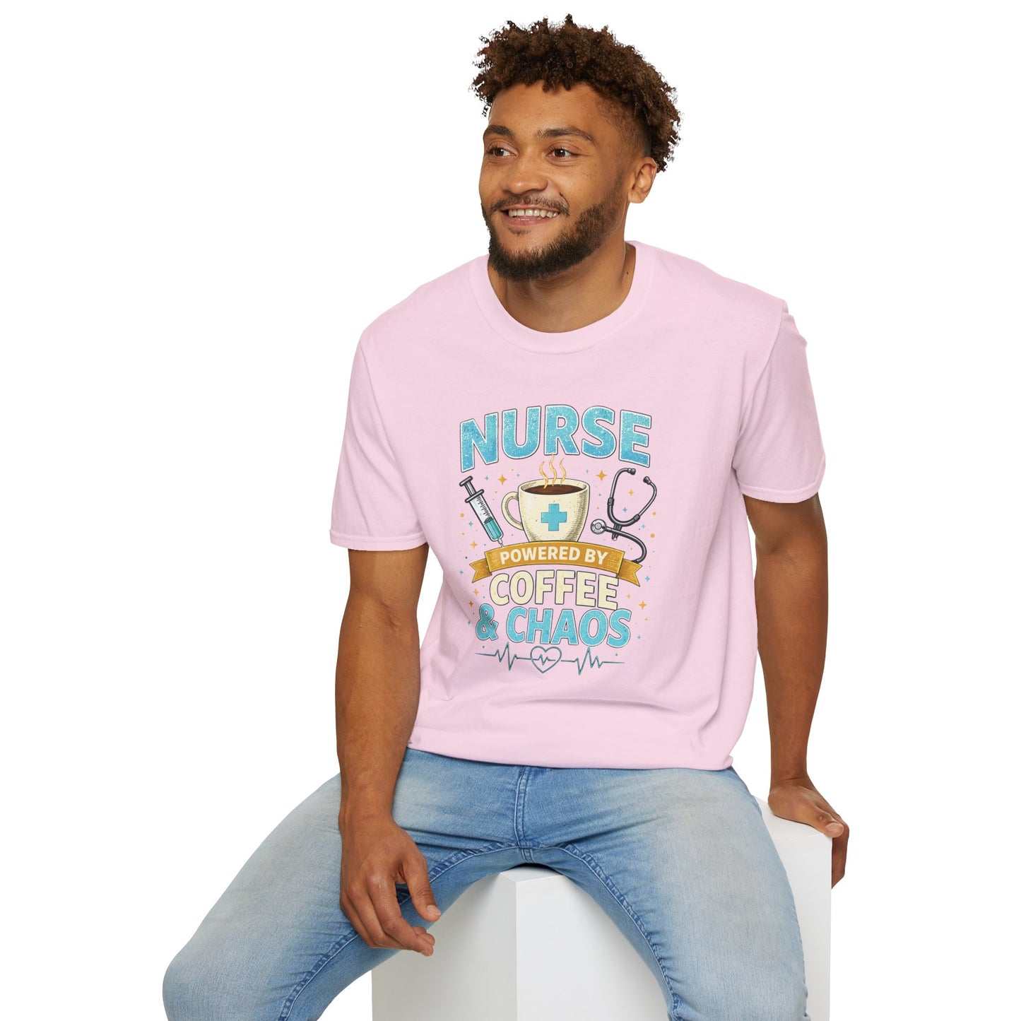 Nurse Powered by Coffee & Chaos Shirt, Funny Nurse Tee, RN CNA Gift, Nurse Life Graphic T-Shirt, Medical Worker Gift, Cute Nursing Shirt for Women Men