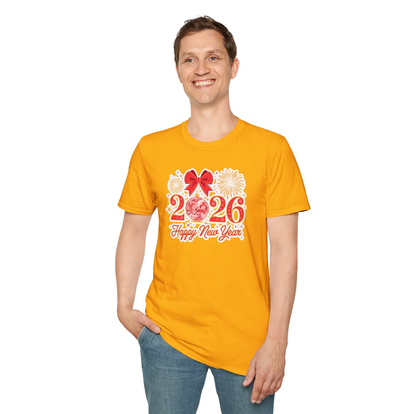 Happy New Year 2026 T-Shirt – Red & Gold Disco Ball New Year Shirt, Festive Bow and Fireworks 2026 NYE Tee, Holiday Celebration Party Top