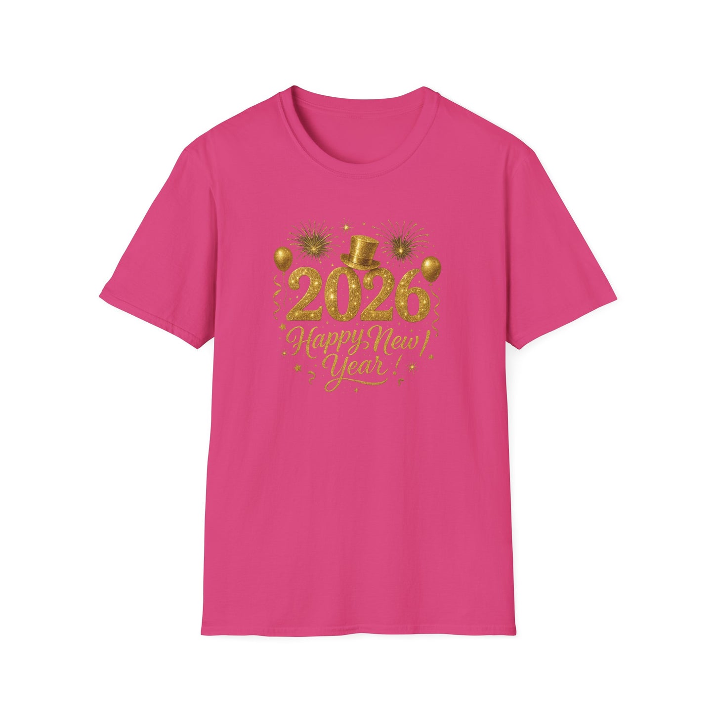 Happy New Year 2026 Gold Glitter T-Shirt – Sparkly New Year’s Eve Party Shirt, Festive 2026 NYE Tee with Fireworks & Balloons, Holiday Celebration Top