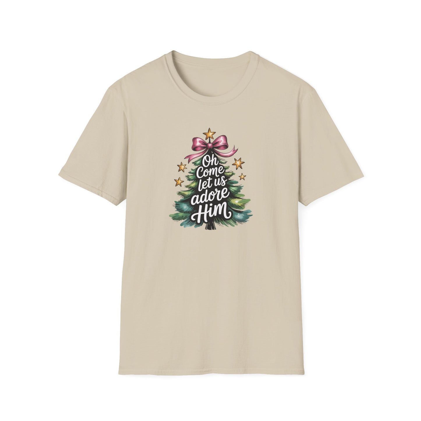 Oh Come Let Us Adore Him Christmas T-Shirt – Christian Holiday Tee with Bow and Christmas Tree Design