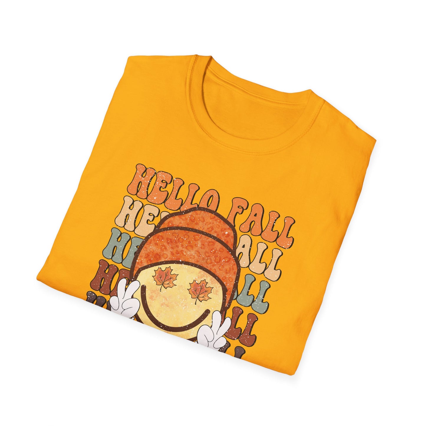 Hello Fall Happy Face Peace T-Shirt, Autumn Graphic Tee, Relaxing Casual Top, Seasonal Clothing, Thanksgiving Tee, Friendsgiving gift