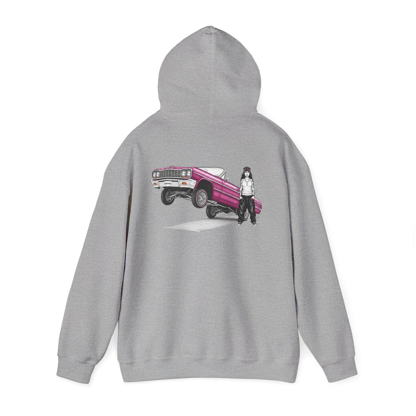 1964 Chevy Impala Hydraulics Lowrider Ink Drawing Hoodie - Old School Hip Hop Cholo Art Design - Chicano Car Club Graphic Hoodie