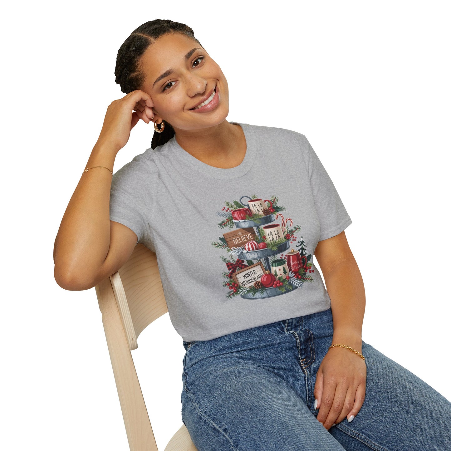 Christmas Mug Stack T-Shirt – Festive Holiday Tiered Tray Shirt with Fa La La Winter Wonderland Graphic Tee