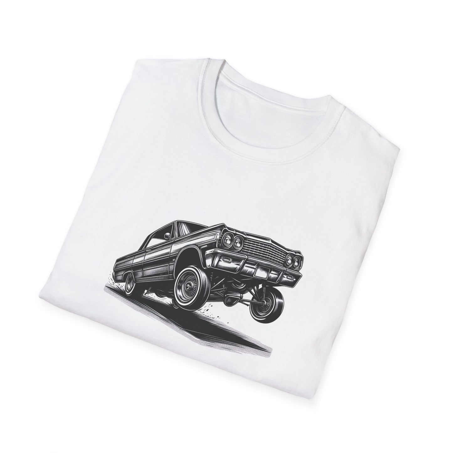 1964 Chevy Impala Hydraulics Lowrider Ink Drawing Graphic T-Shirt - Old School Hip Hop Cholo Art Design - Chicano Car Club Graphic Tee