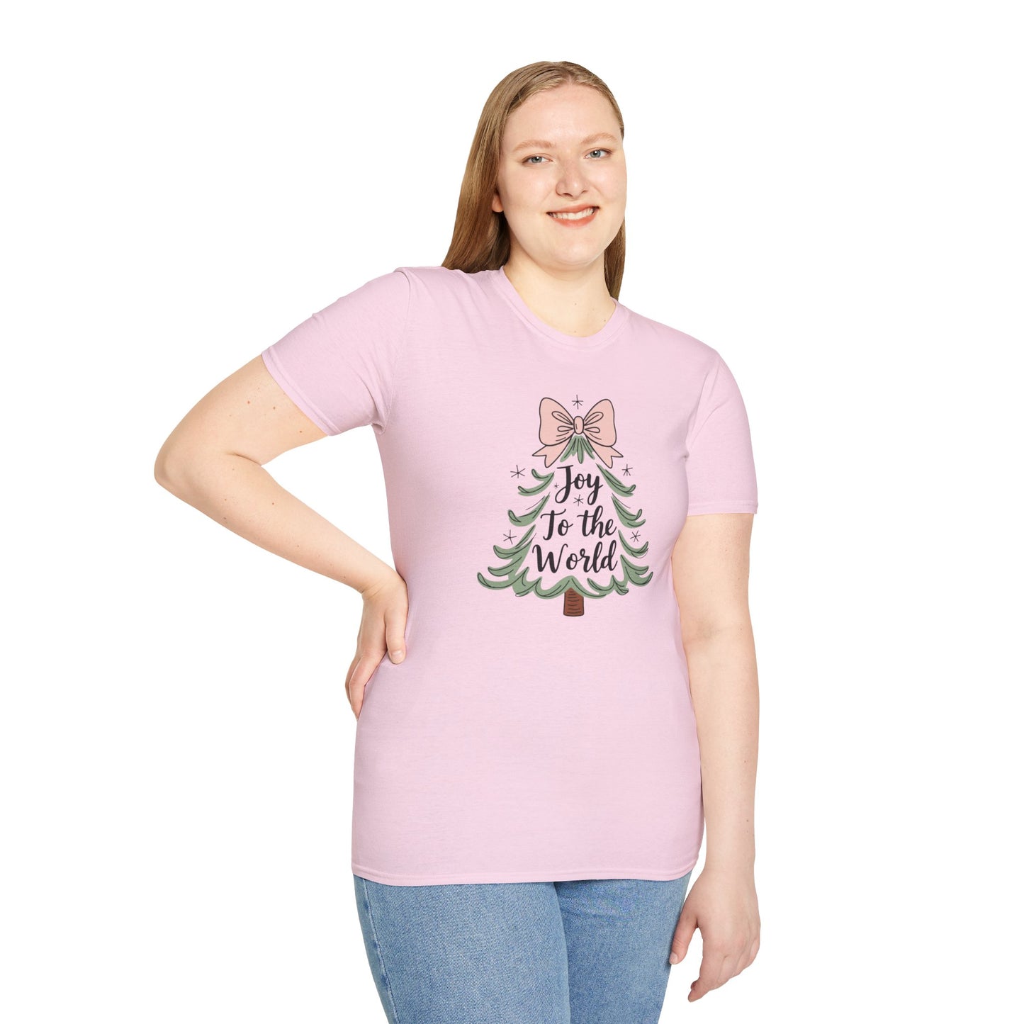 Joy to the World Christmas T-Shirt – Cute Pastel Bow Christmas Tree Tee, Festive Holiday Graphic Shirt for Women