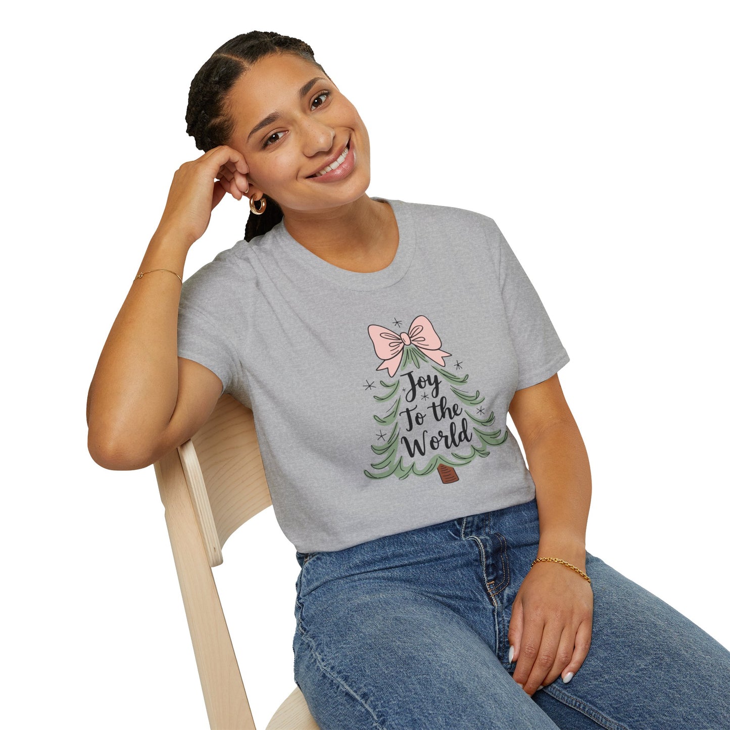 Joy to the World Christmas T-Shirt – Cute Pastel Bow Christmas Tree Tee, Festive Holiday Graphic Shirt for Women