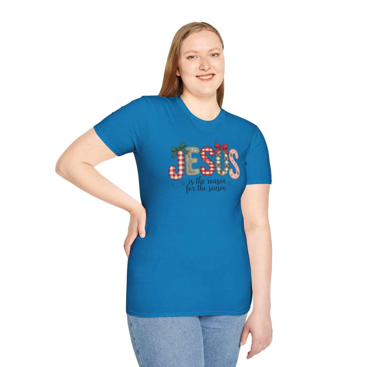 Jesus Is the Reason for the Season Christmas T-Shirt – Cute Plaid Holiday Christian Tee with Bows