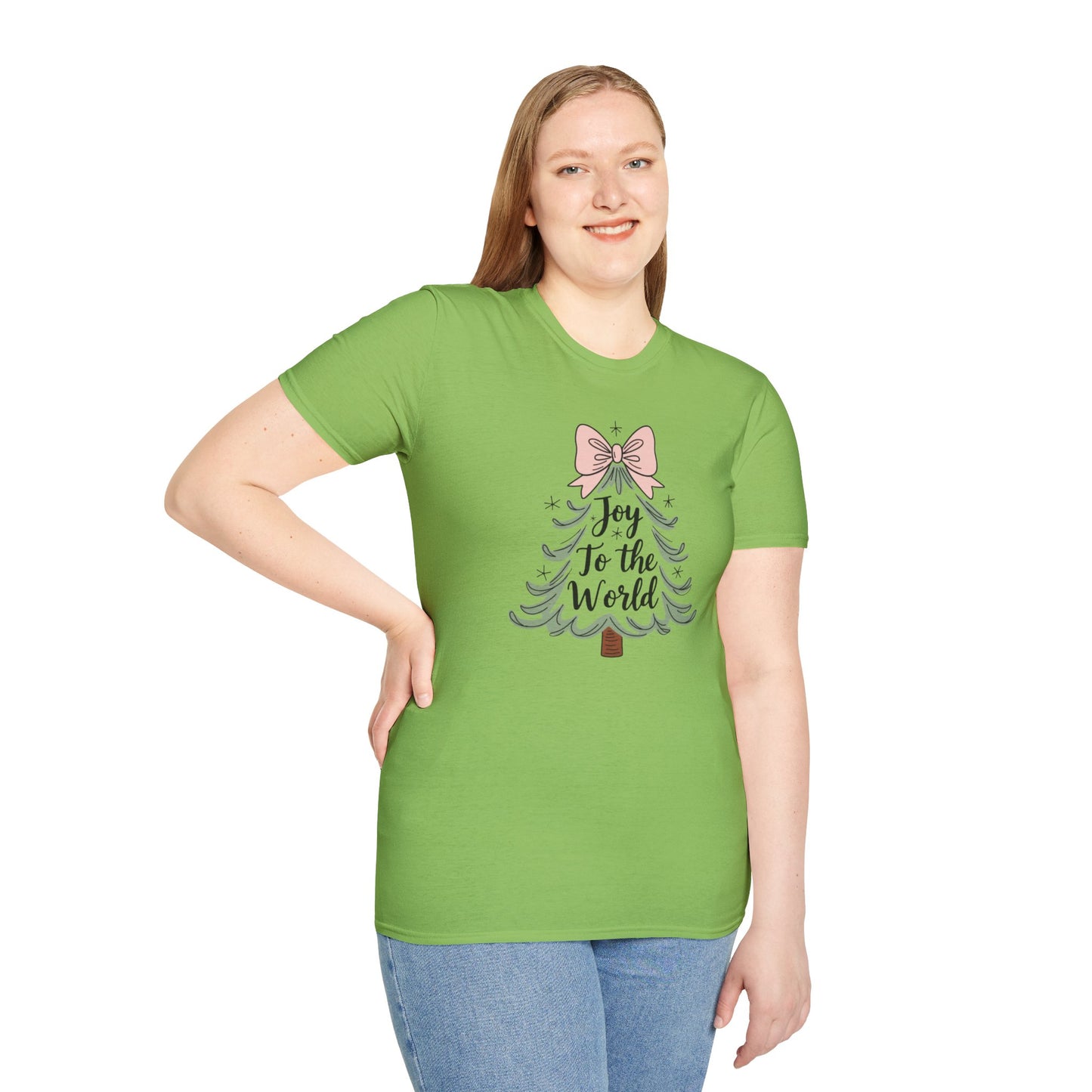Joy to the World Christmas T-Shirt – Cute Pastel Bow Christmas Tree Tee, Festive Holiday Graphic Shirt for Women