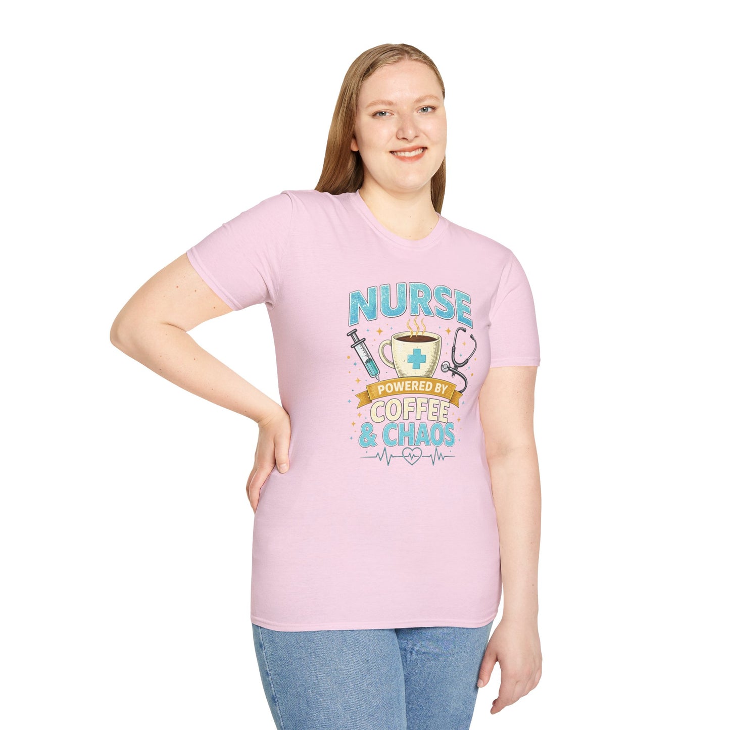 Nurse Powered by Coffee & Chaos Shirt, Funny Nurse Tee, RN CNA Gift, Nurse Life Graphic T-Shirt, Medical Worker Gift, Cute Nursing Shirt for Women Men