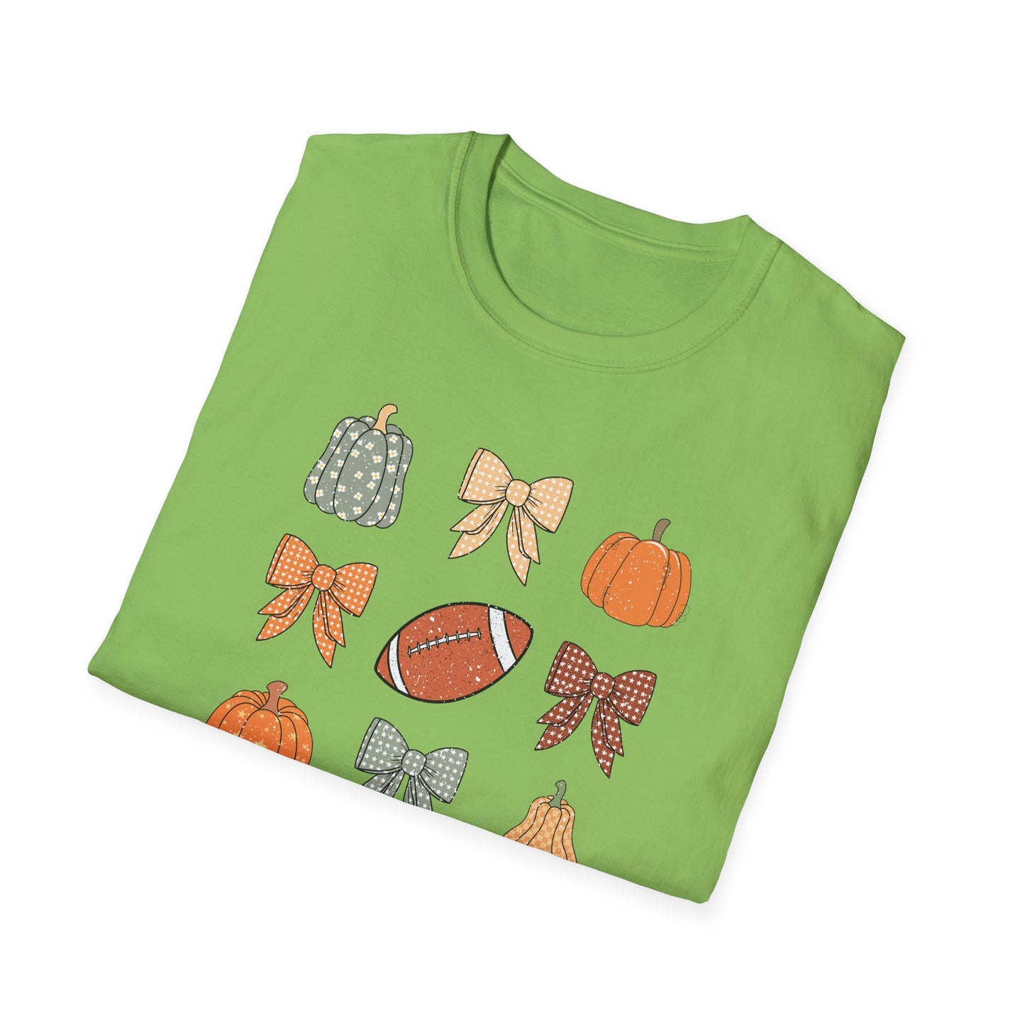Fall Pumpkins Bow Football Unisex T-Shirt, Autumn Tee, Pumpkin Patch Shirt, Thanksgiving Top, Harvest Festival Apparel, Gif for her