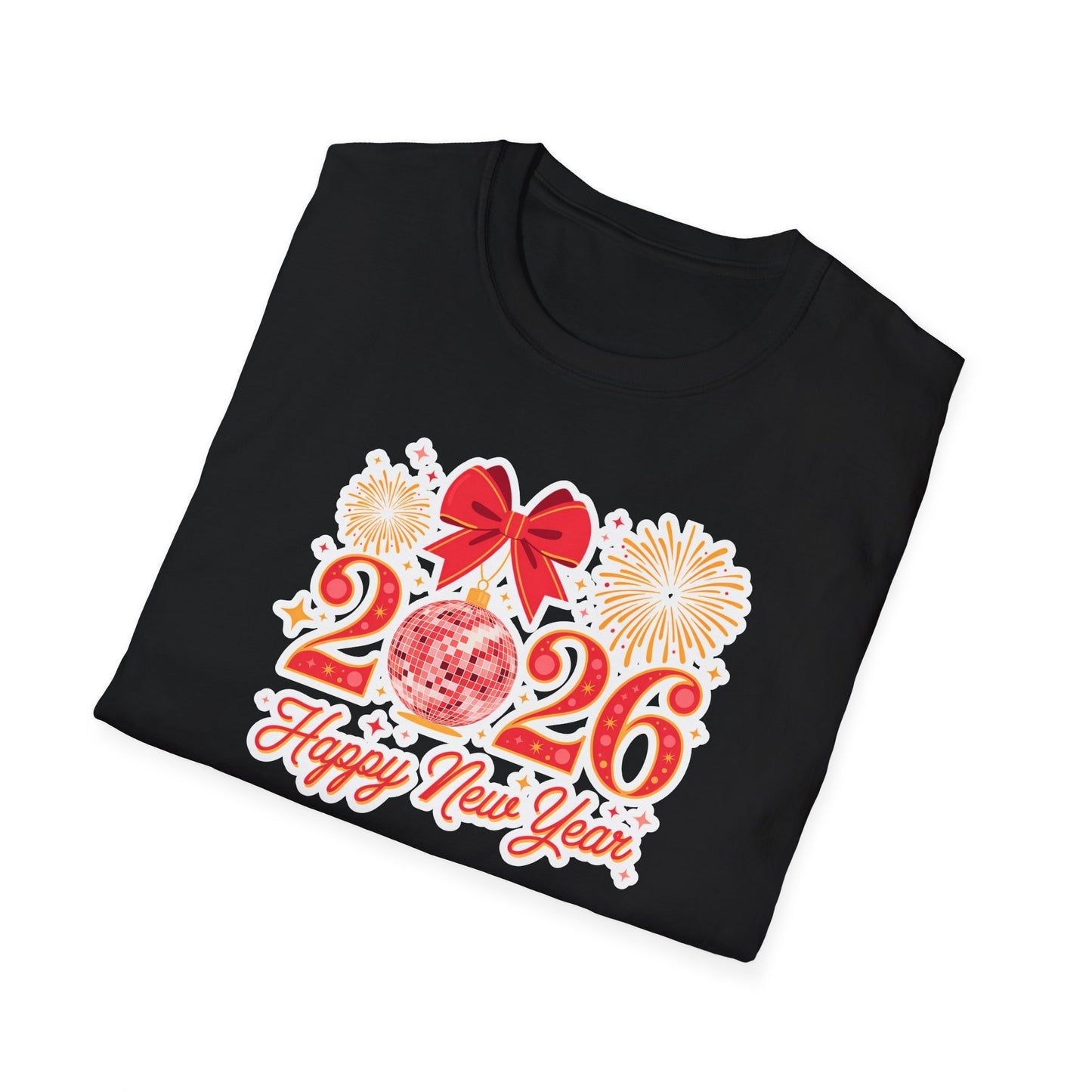 Happy New Year 2026 T-Shirt – Red & Gold Disco Ball New Year Shirt, Festive Bow and Fireworks 2026 NYE Tee, Holiday Celebration Party Top