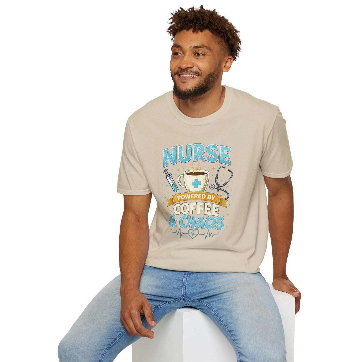 Nurse Powered by Coffee & Chaos Shirt, Funny Nurse Tee, RN CNA Gift, Nurse Life Graphic T-Shirt, Medical Worker Gift, Cute Nursing Shirt for Women Men