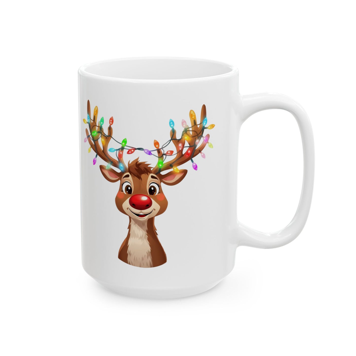 Reindeer Christmas Lights Mug – Cute Holiday Coffee Cup, Festive Reindeer Ceramic Mug, Christmas Gift Idea (11oz/15oz)