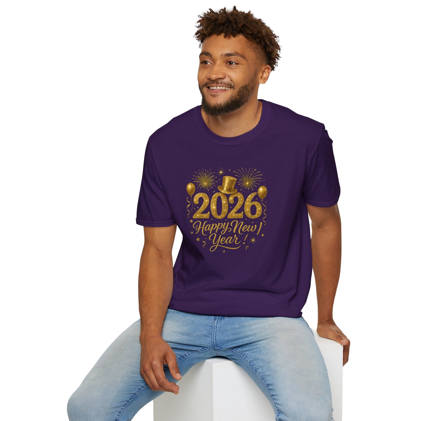 Happy New Year 2026 Gold Glitter T-Shirt – Sparkly New Year’s Eve Party Shirt, Festive 2026 NYE Tee with Fireworks & Balloons, Holiday Celebration Top