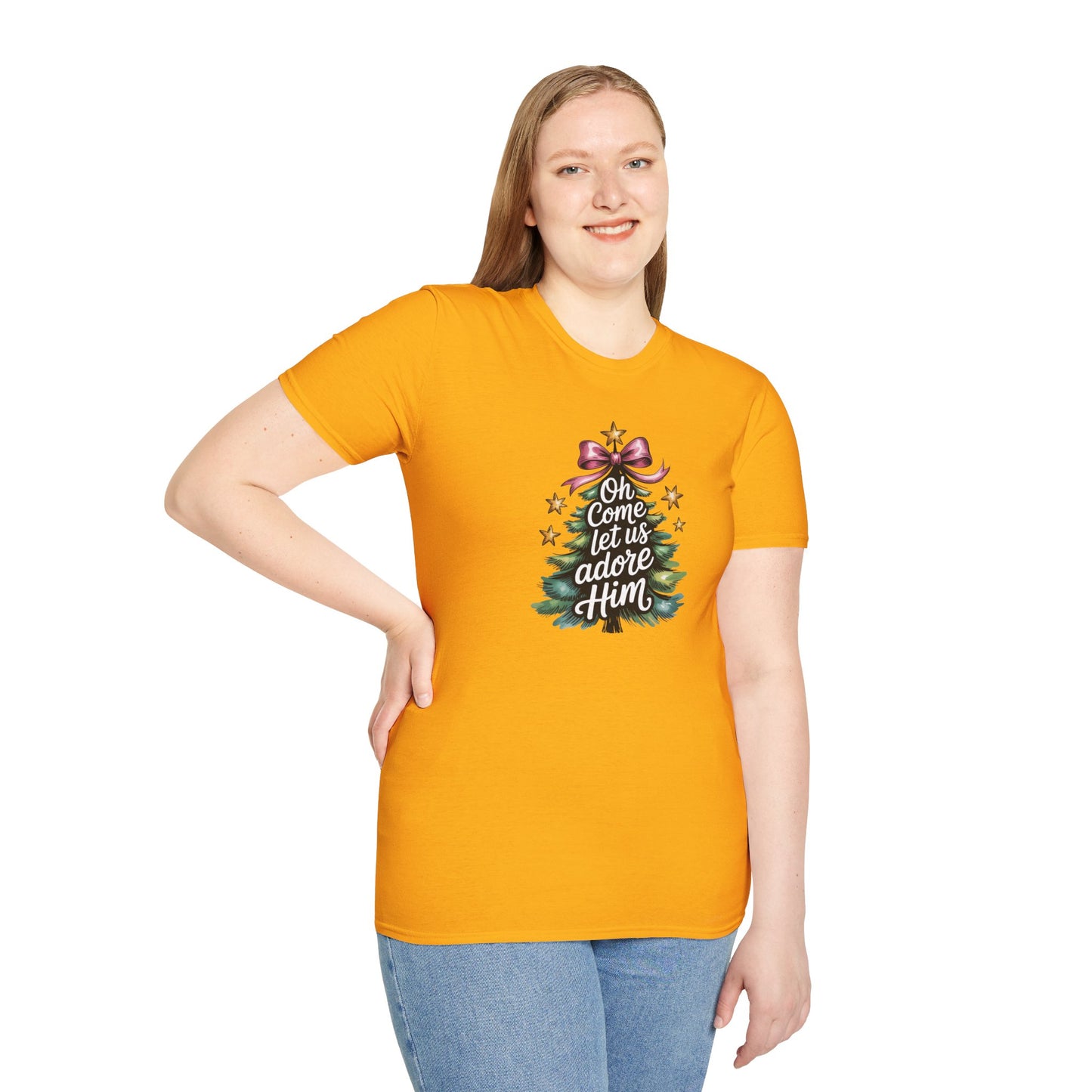 Oh Come Let Us Adore Him Christmas T-Shirt – Christian Holiday Tee with Bow and Christmas Tree Design
