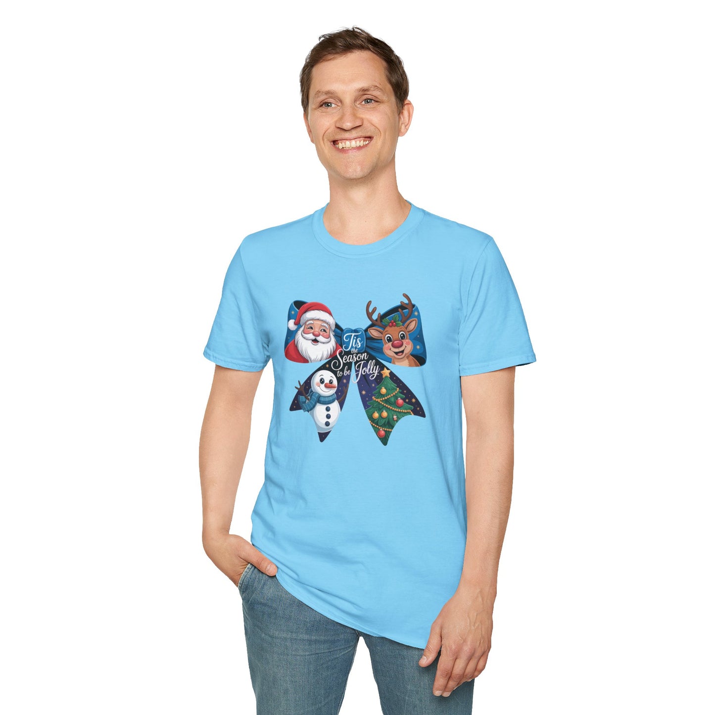’Tis the Season to Be Jolly Christmas T-Shirt – Cute Santa Reindeer Snowman & Christmas Tree Bow Holiday Tee