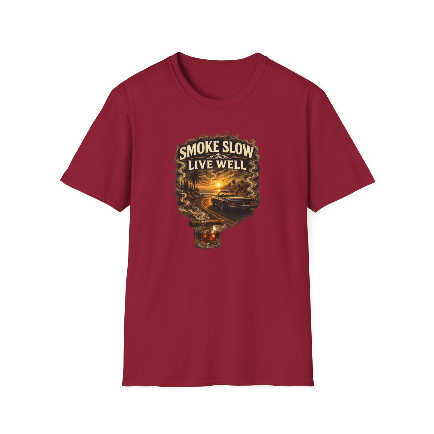 Smoke Slow Live Well Classic Car T-Shirt – Cigar, Whiskey & Sunset Cruise Tee  ⭐ Product Description