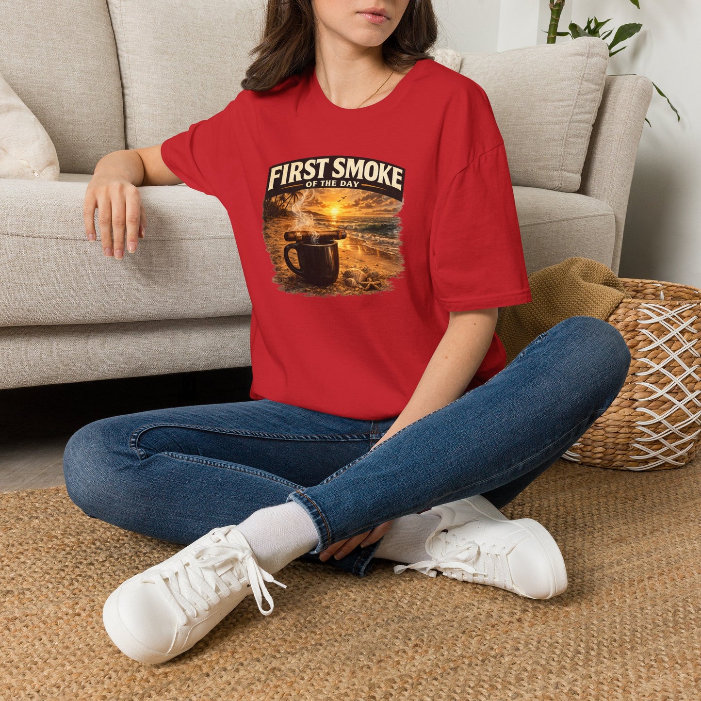 First Smoke of the Day T-Shirt – Cigar & Coffee Beach Sunrise Tee