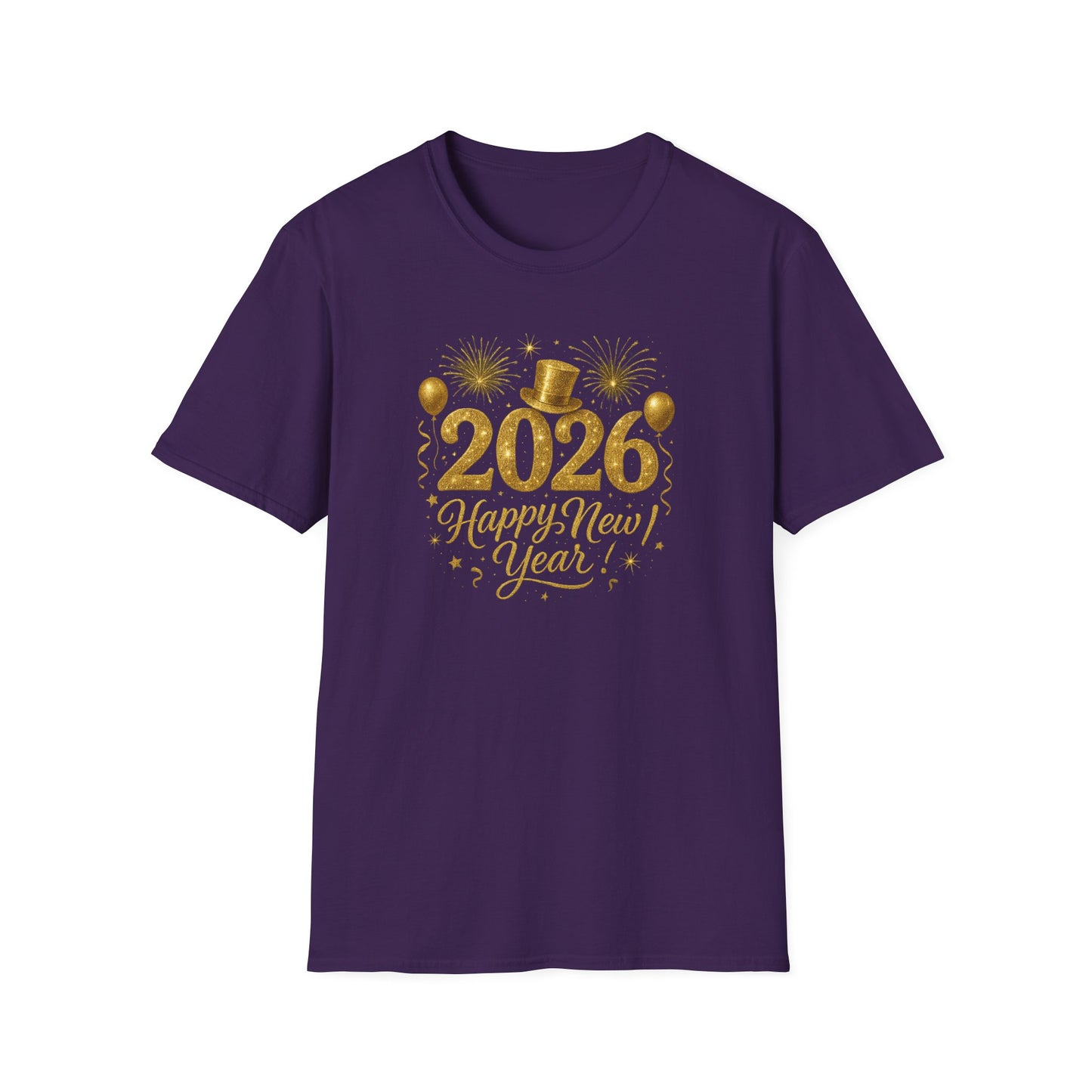 Happy New Year 2026 Gold Glitter T-Shirt – Sparkly New Year’s Eve Party Shirt, Festive 2026 NYE Tee with Fireworks & Balloons, Holiday Celebration Top