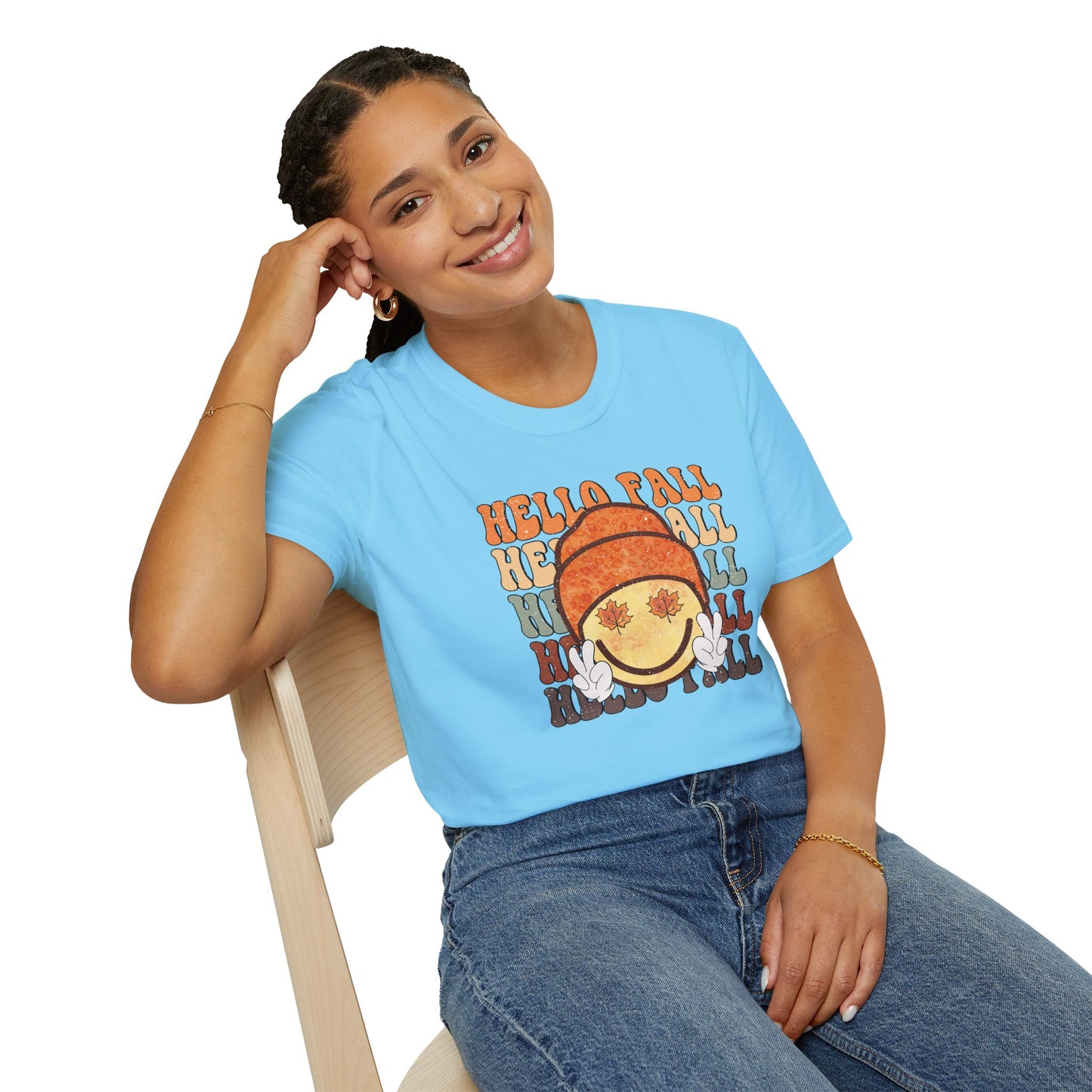 Hello Fall Happy Face Peace T-Shirt, Autumn Graphic Tee, Relaxing Casual Top, Seasonal Clothing, Thanksgiving Tee, Friendsgiving gift