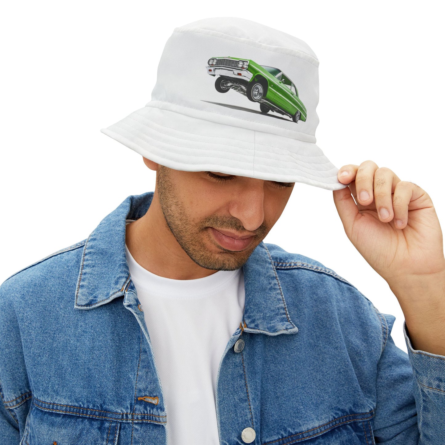 1964 Chevy Impala Hydraulics Lowrider graphic Bucket Hat - Old School Hip Hop Cholo Art Hat Design - Chicano Car Club Graphic Hat