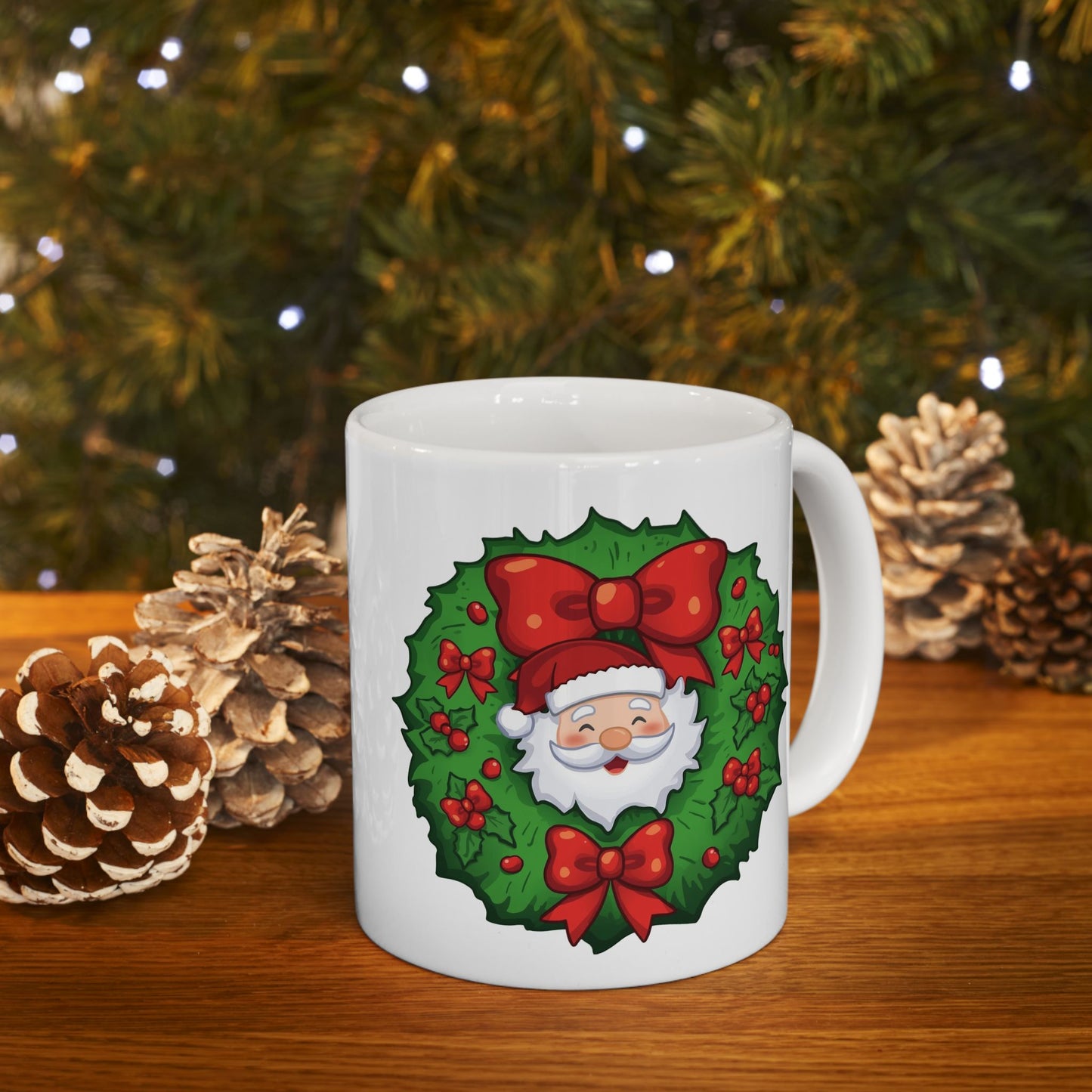 Santa in the Wreath Mug – Cute Holiday Coffee Cup, Festive Santa Ceramic Mug, Christmas Gift Idea (11oz/15oz)