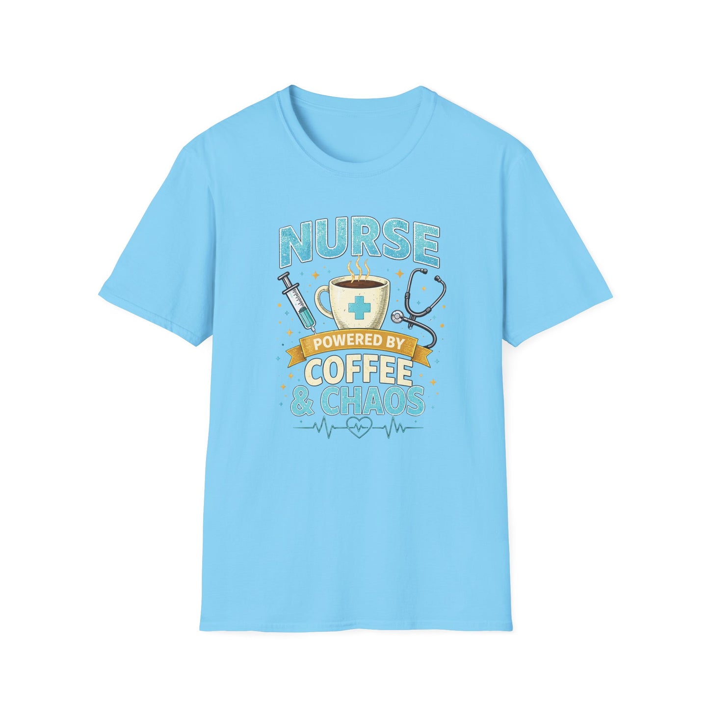 Nurse Powered by Coffee & Chaos Shirt, Funny Nurse Tee, RN CNA Gift, Nurse Life Graphic T-Shirt, Medical Worker Gift, Cute Nursing Shirt for Women Men