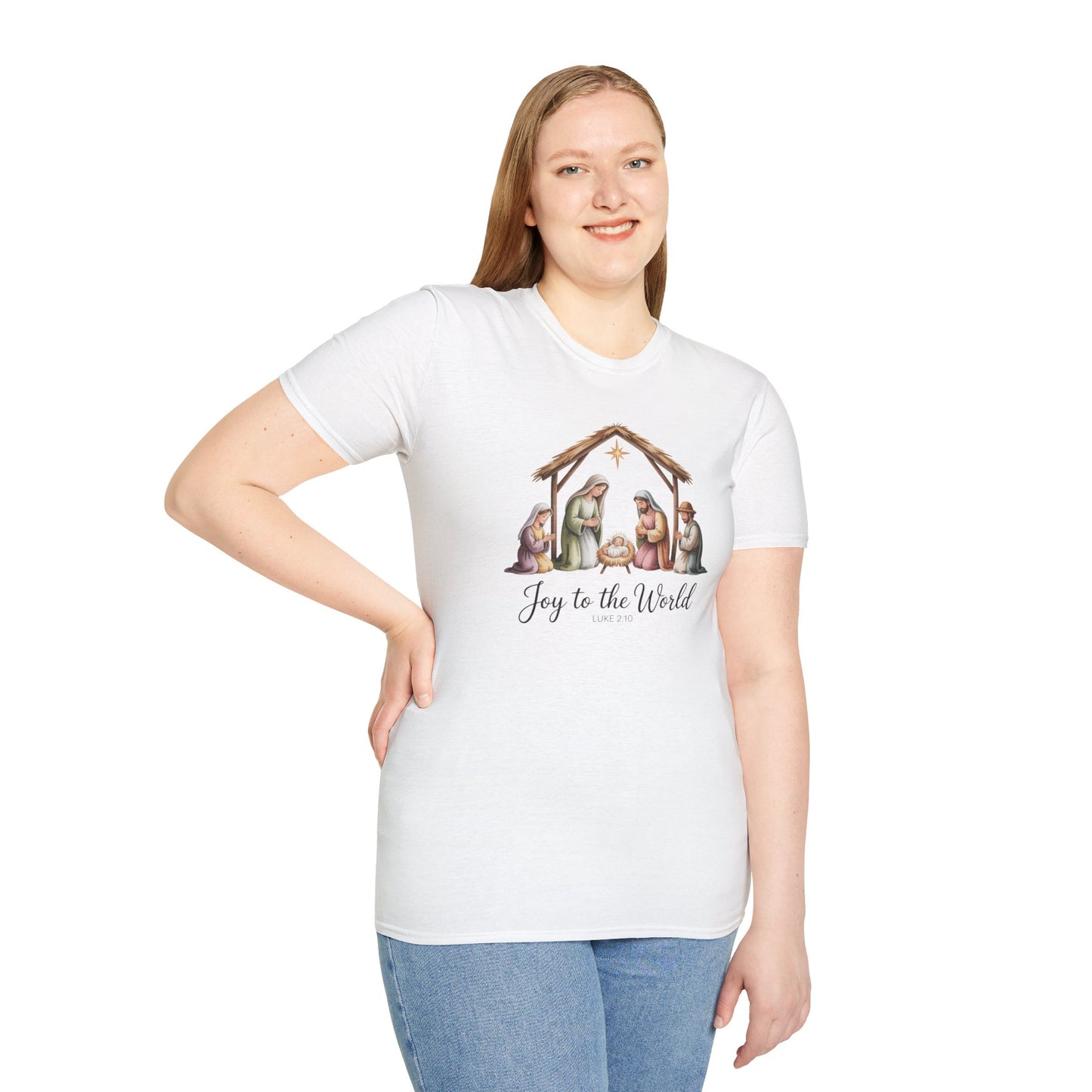 Joy to the World Nativity T-Shirt – Luke 2:10 Christmas Shirt with Holy Family, Christian Holiday Tee