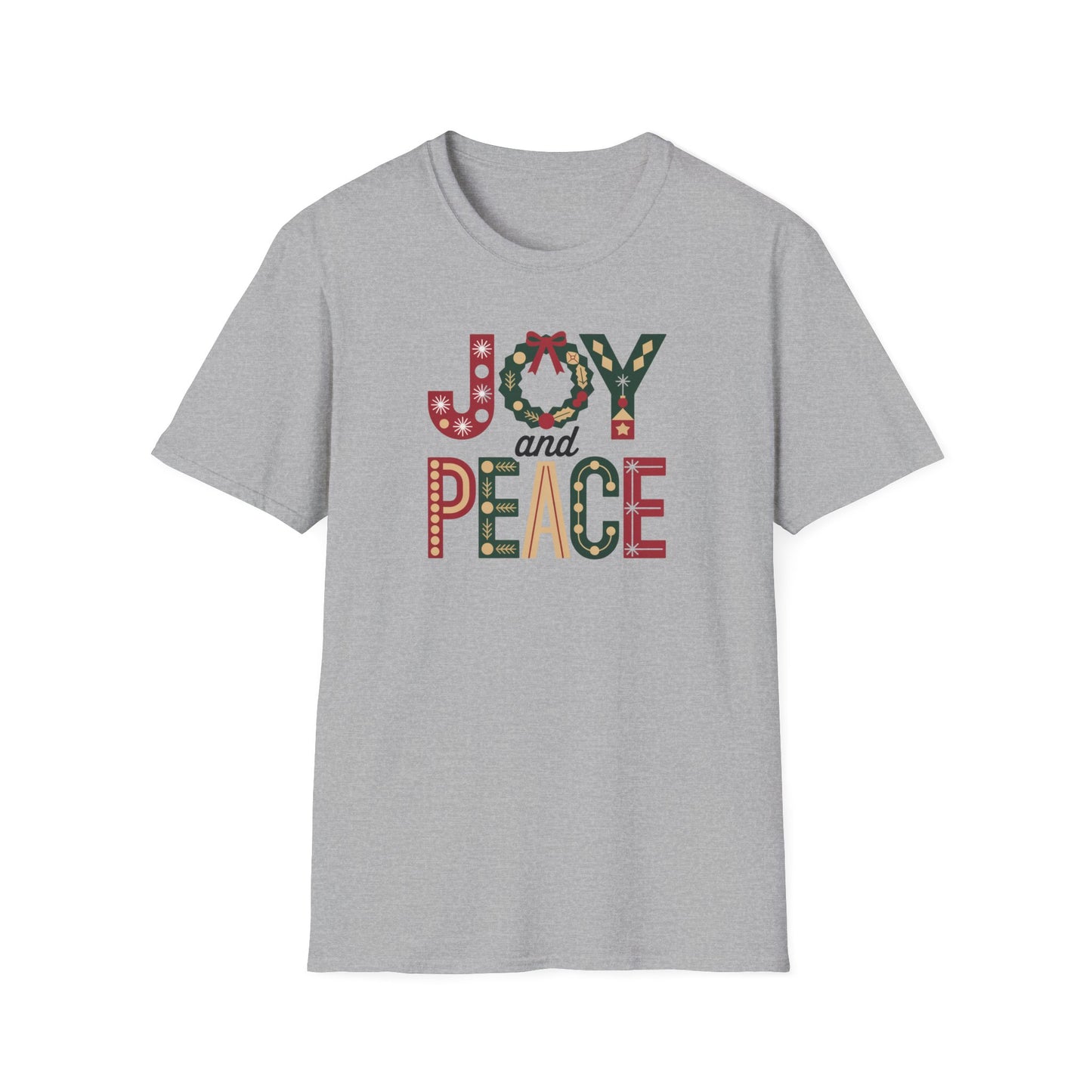 Joy and Peace Christmas T-Shirt – Festive Holiday Typography Tee with Wreath Design, Inspirational Christmas Shirt