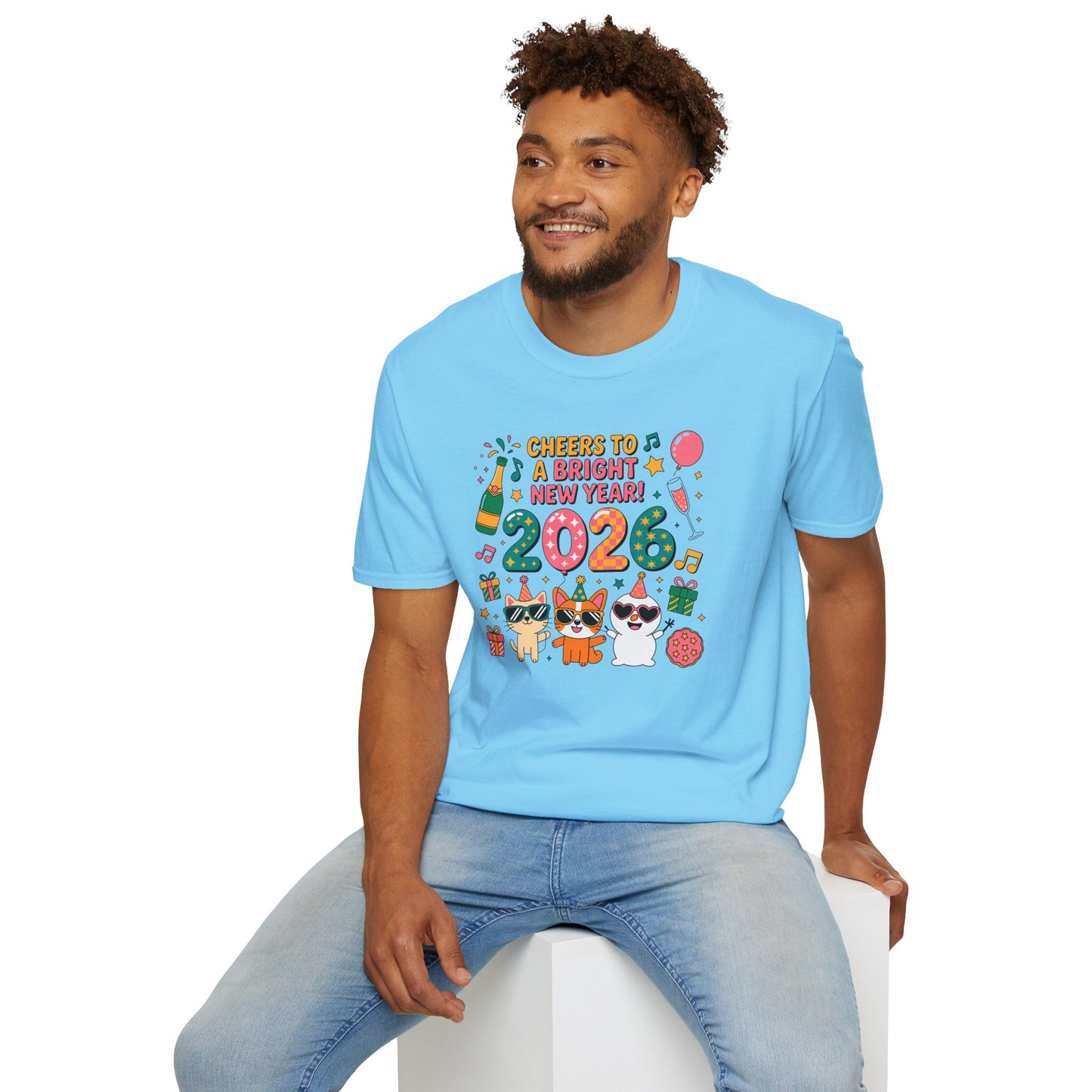 Happy New Year 2026 T-Shirt – Cute Cartoon Cats New Year Shirt, Bright Colorful NYE Party Tee, Fun 2026 Celebration Top for Cat Lovers