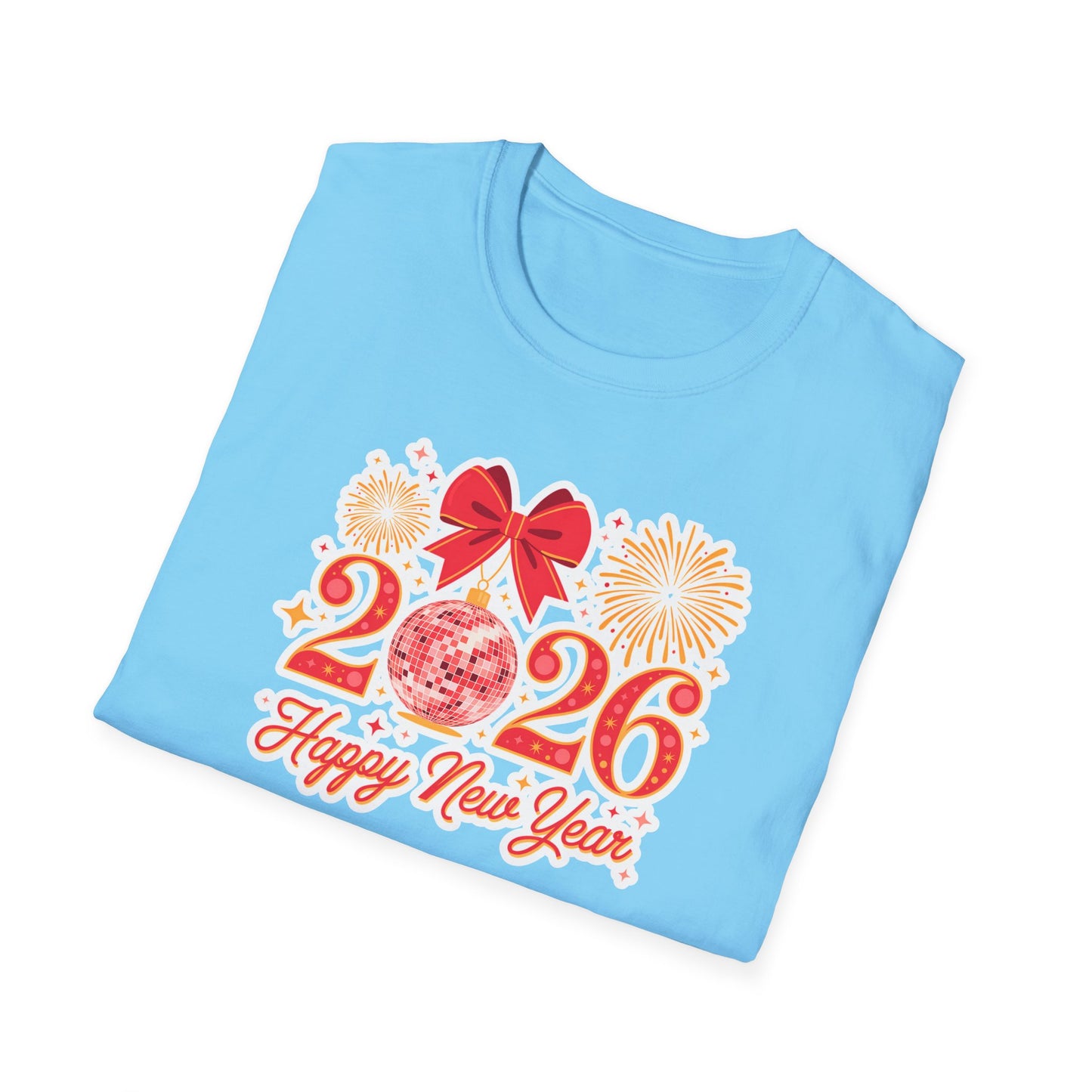 Happy New Year 2026 T-Shirt – Red & Gold Disco Ball New Year Shirt, Festive Bow and Fireworks 2026 NYE Tee, Holiday Celebration Party Top