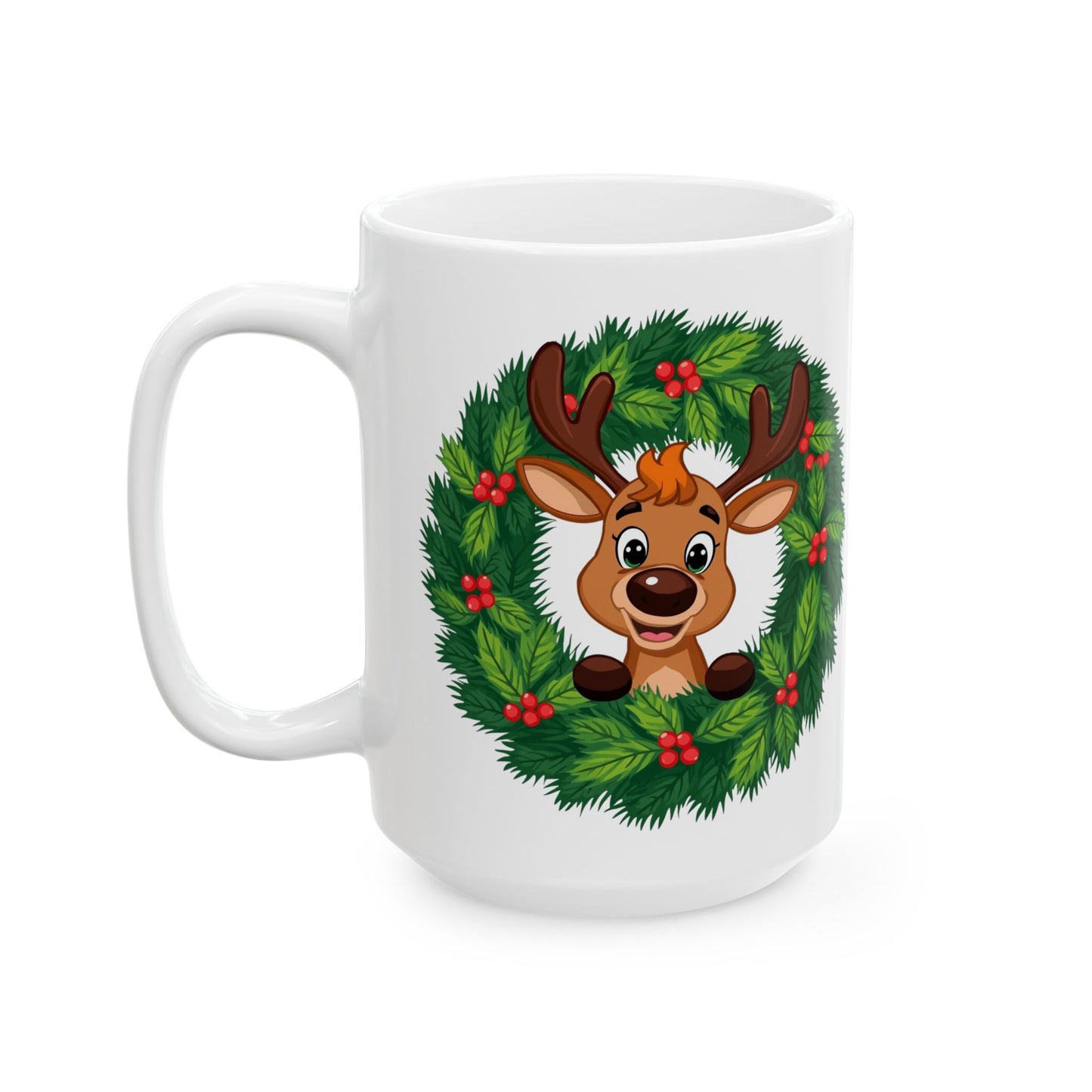 Reindeer in the Wreath Mug – Cute Holiday Coffee Cup, Festive Reindeer Ceramic Mug, Christmas Gift Idea (11oz/15oz)
