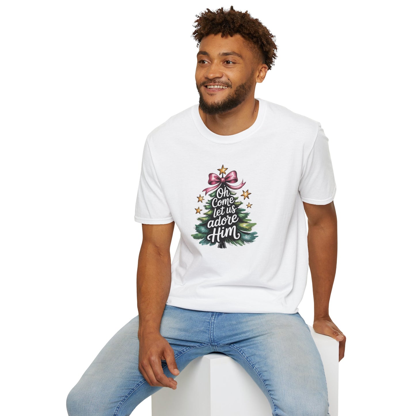 Oh Come Let Us Adore Him Christmas T-Shirt – Christian Holiday Tee with Bow and Christmas Tree Design