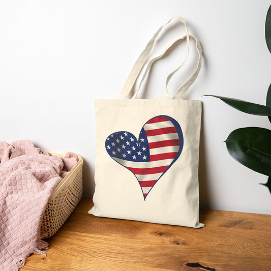 American Flag Heart Tote Bag, Cotton Canvas Grocery Shopping Beach Handbag, USA Pride Gift, Patriotic Shoulder Bag