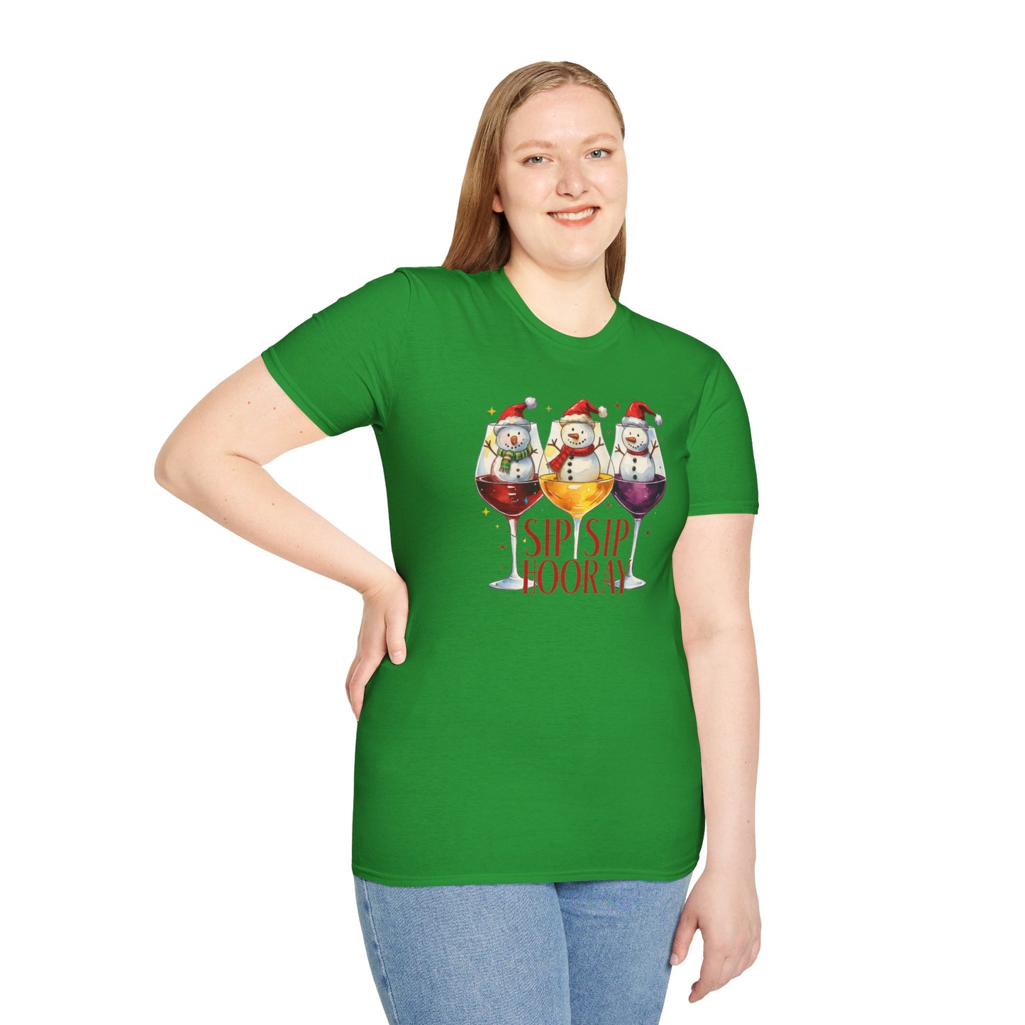 Sip Sip Hooray Christmas T-Shirt – Cute Snowman Wine Glass Holiday Tee, Funny Festive Drinking Shirt