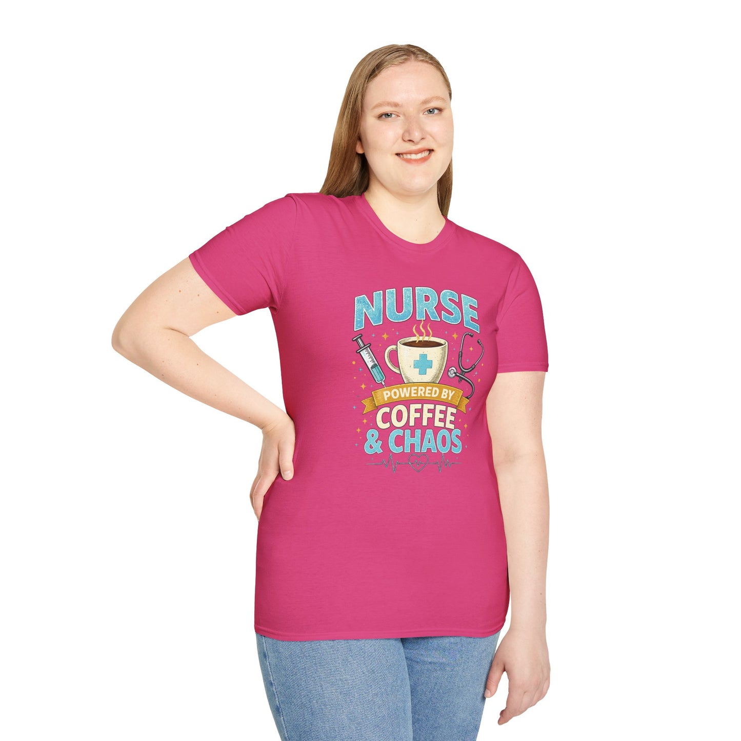 Nurse Powered by Coffee & Chaos Shirt, Funny Nurse Tee, RN CNA Gift, Nurse Life Graphic T-Shirt, Medical Worker Gift, Cute Nursing Shirt for Women Men