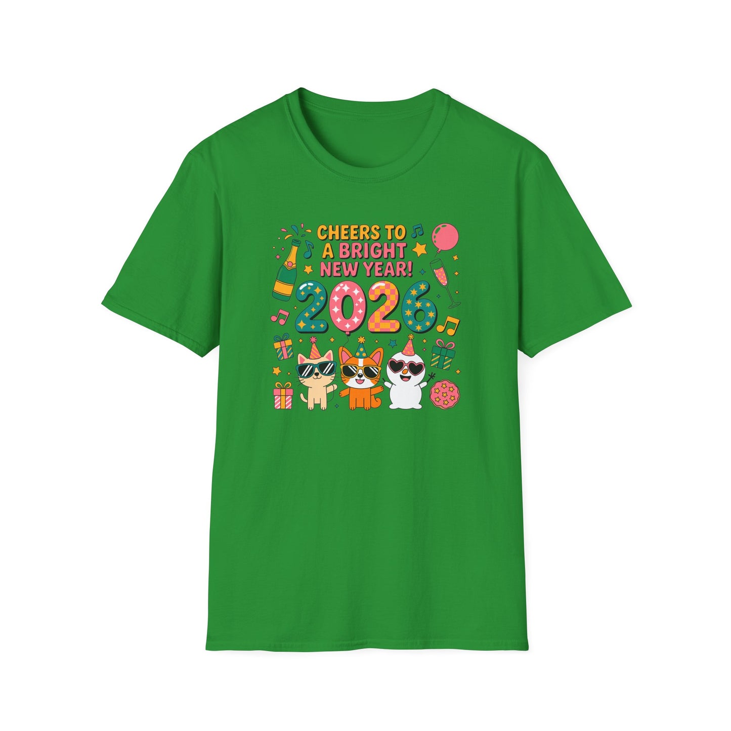 Happy New Year 2026 T-Shirt – Cute Cartoon Cats New Year Shirt, Bright Colorful NYE Party Tee, Fun 2026 Celebration Top for Cat Lovers