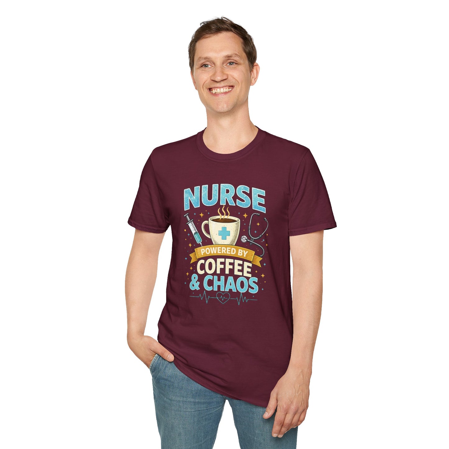 Nurse Powered by Coffee & Chaos Shirt, Funny Nurse Tee, RN CNA Gift, Nurse Life Graphic T-Shirt, Medical Worker Gift, Cute Nursing Shirt for Women Men
